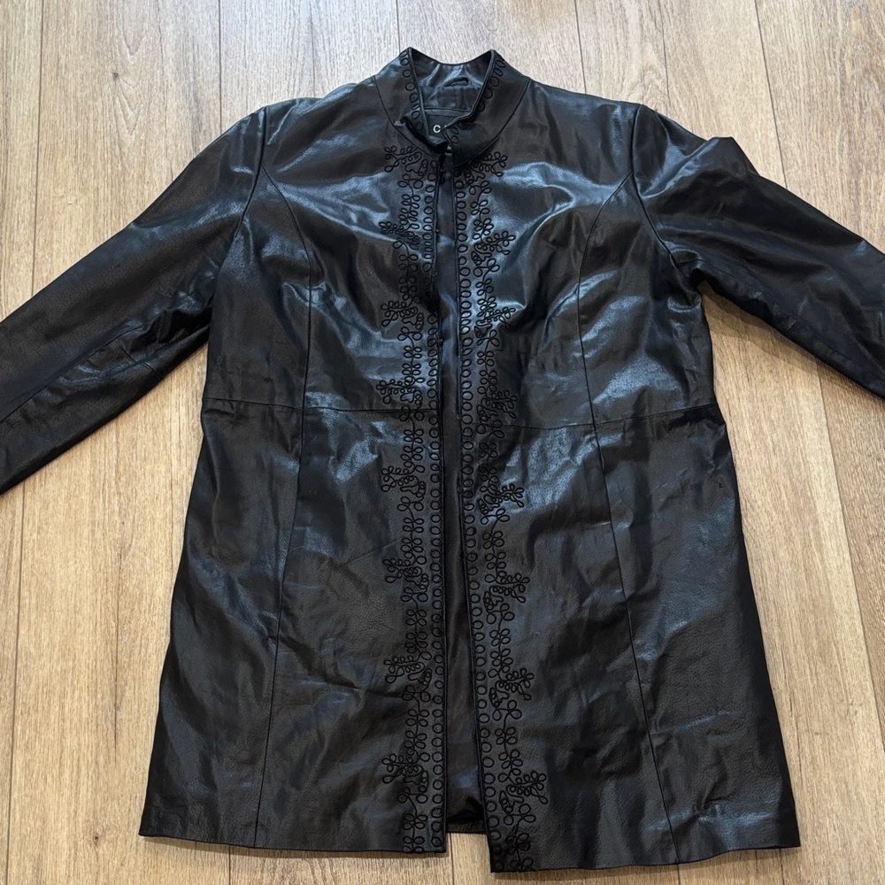 Black Leather Jacket with Embroidered Details